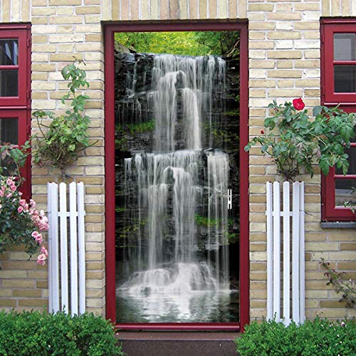 LuSeven papel pintado vinilo puerta Cascada lago verde plantas 40x120cm(15.74 inches * 47.24 inches) Pegatinas de puerta 3D Mural adhesivo de pared autoadhesivo arte lienzo póster impresión vinilo hog