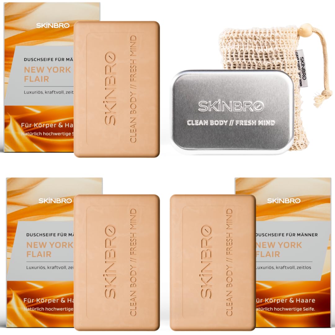 SKINBRO® Duschset Männer New York Flair – 3x feste Duschseife (je 100g), luxuriös & kraftvoll, inkl. Sisalsäckchen & Alu-Seifendose – Silikonfrei, vegan & nachhaltig – Made in Germany