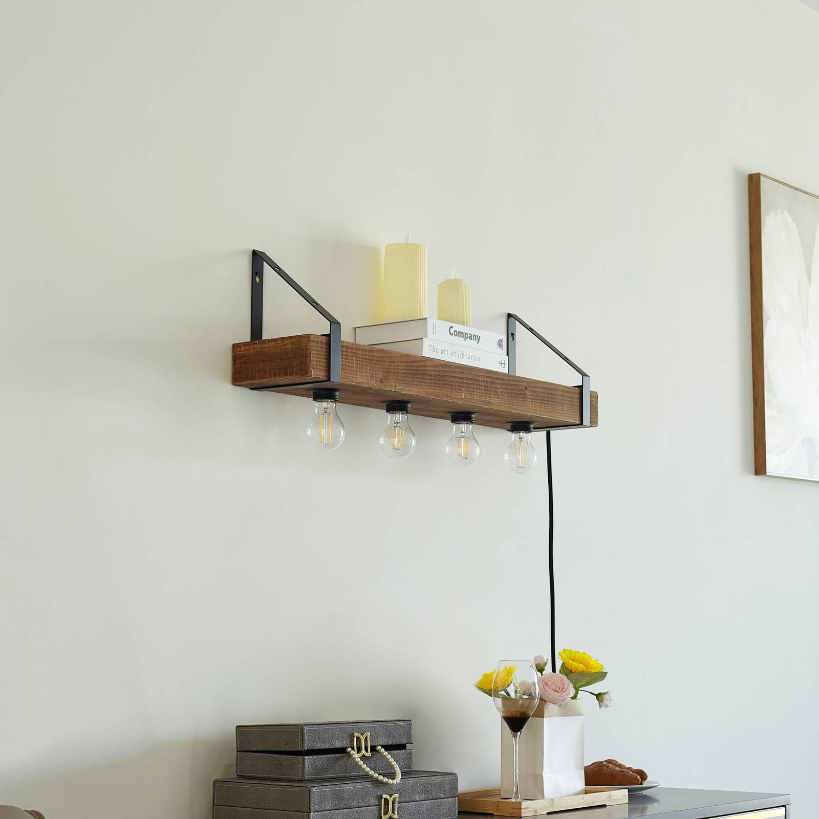Lindby Applique Murale Vatana avec une connexion USB à intensité variable (Traditionnel) en Marron Bois e. a. pour Salon & Salle manger (à 4 lampes, E27) Lampe Eclairage
