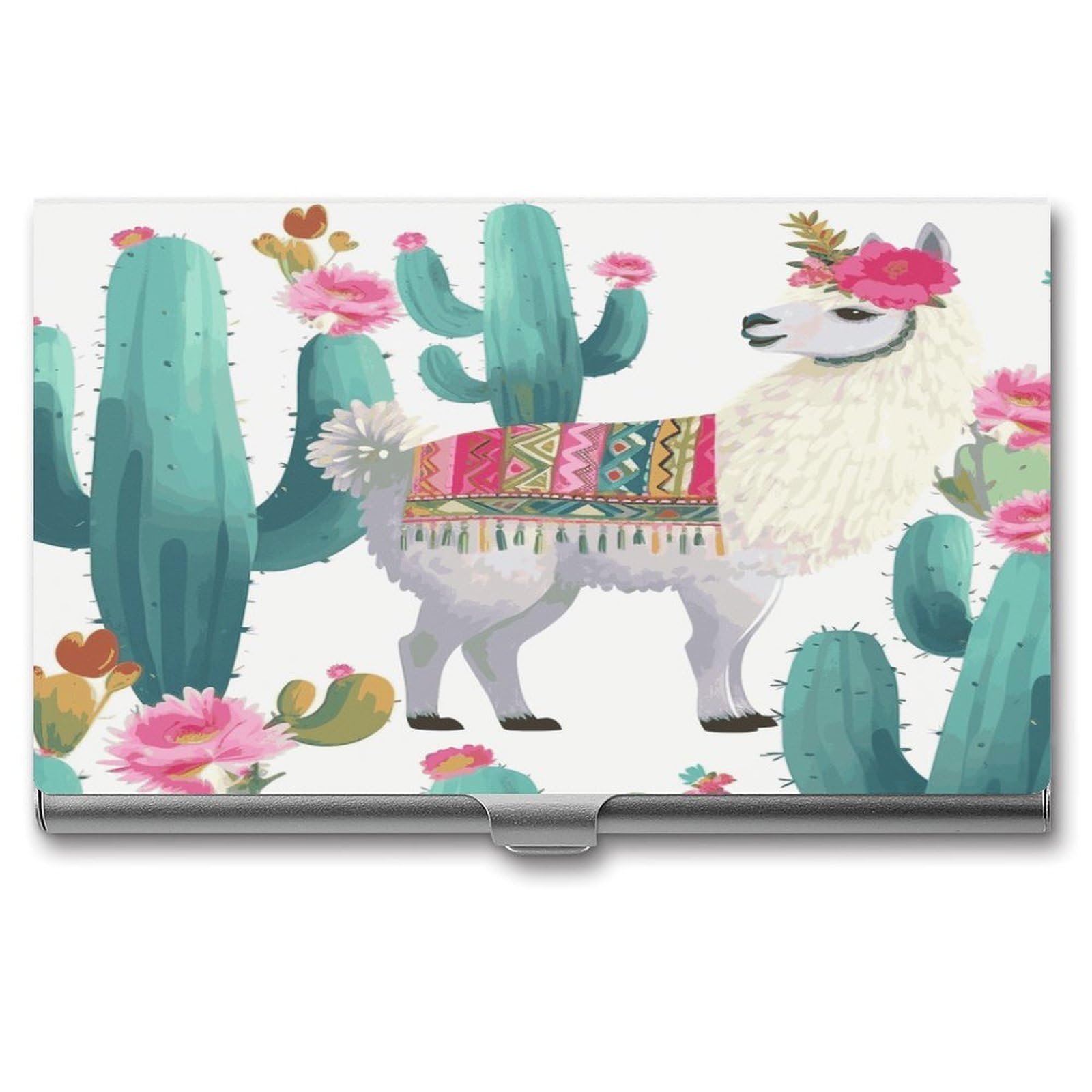 LDGSUPH Tropical Llama Alpaca Cactus Flower Business Card Holder Fashion Slim Name Card Holder Minimalist Design Case Metal Card Carrier Personalized Business Card Case with Flip for Men Women