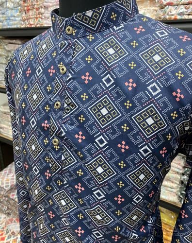 Image of FOXDX Men's Cotton Blend Printed Long Kurta Suitable for All Indian Wedding, Occasions, and Festivals