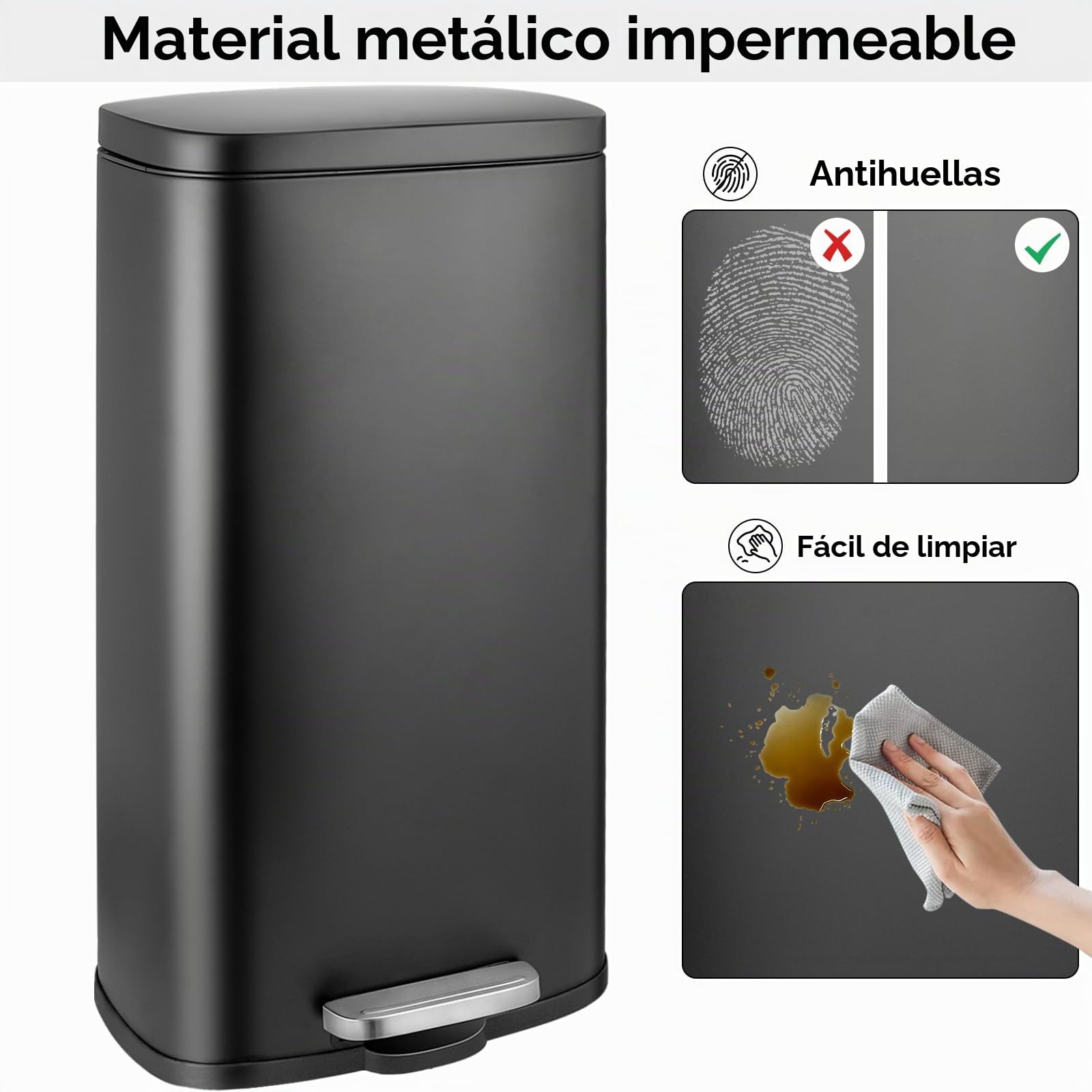 LIFERUN Cubo de Basura Cocina 30 Litros, Cubos Basura Metálicas, Papelera Grande con Tapa de Cierre Suave y Cubo Interior, per Cocina, Baño, Wc u Oficina, Negro