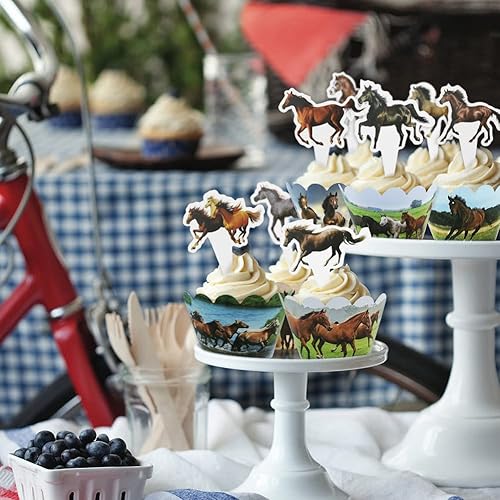 Miniatura 4 de 48 piezas de decoración de cupcakes de caballo, caballos galopando en los pastizales, decoración de cupcakes para caballos ecuestre, fiesta temática