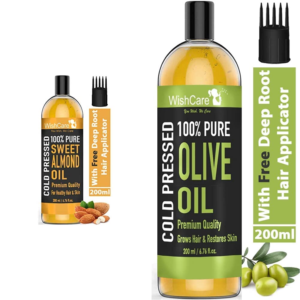WishCare® Pure Cold Pressed Sweet Almond Oil for Hair Growth and Glowing Skin & Face - 200ml & WishCare® 100% Pure Premium Cold Pressed Olive Oil for Hair & Skin - 200ml