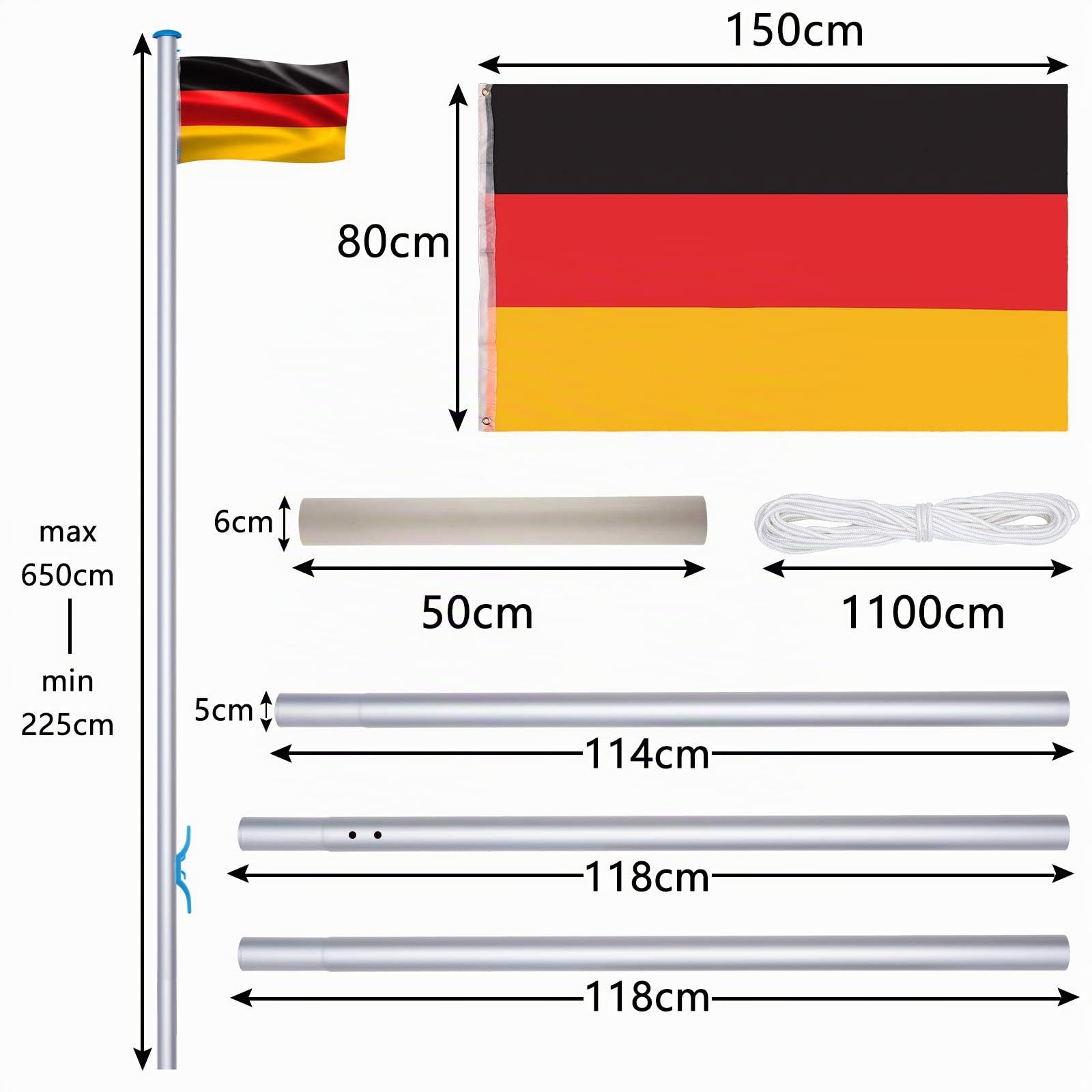 Mât de drapeau stable de 6,5 m avec drapeau de l'Allemagne et câble - Hauteur réglable - En aluminium