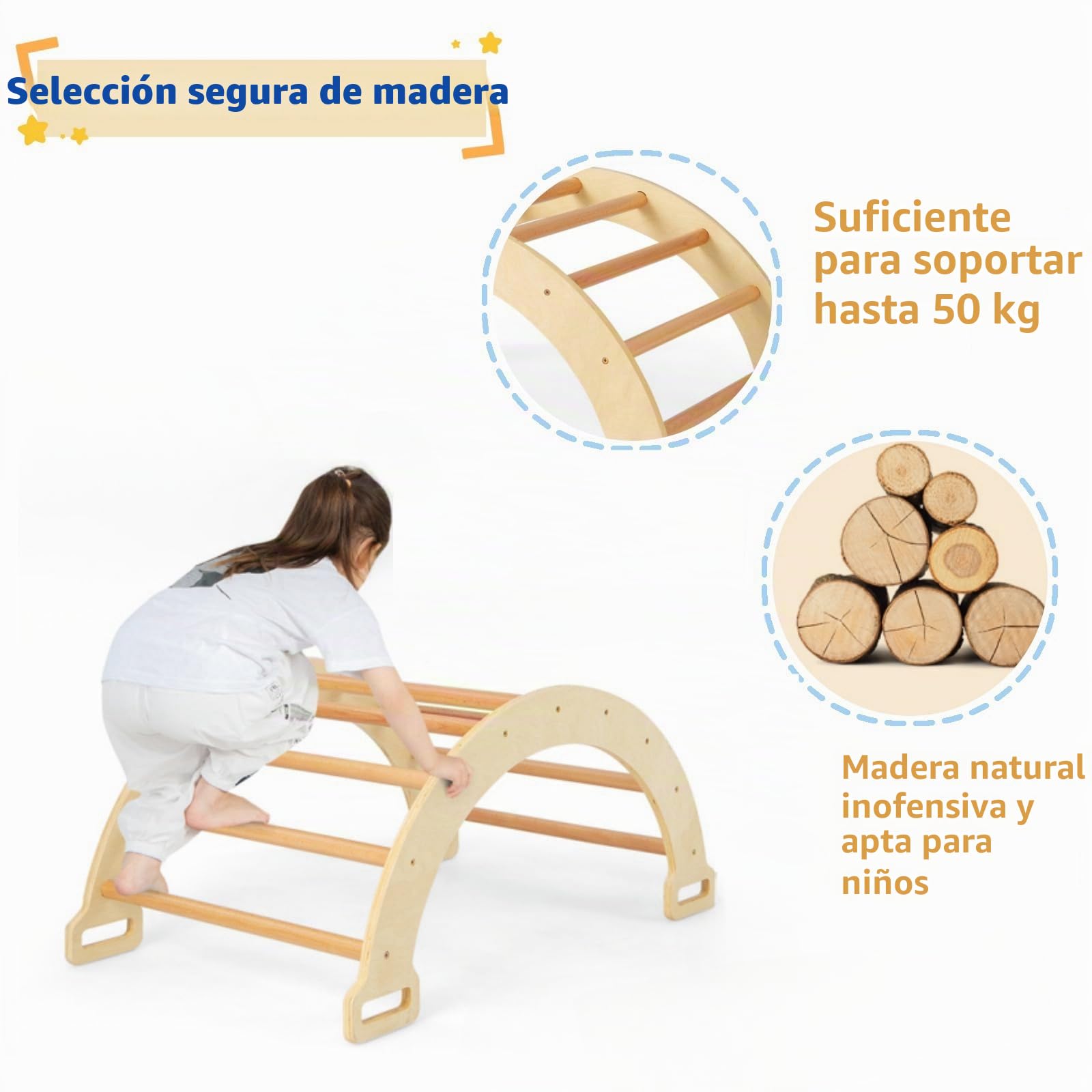 LIFEZEAL Arco de Madera para Escalar 3 en 1, Divertido Arco de Pared y Balancín para Niños, Barco Balancín con Suave Cojín de Doble Cara para Niños de 1+ Años (Natural)