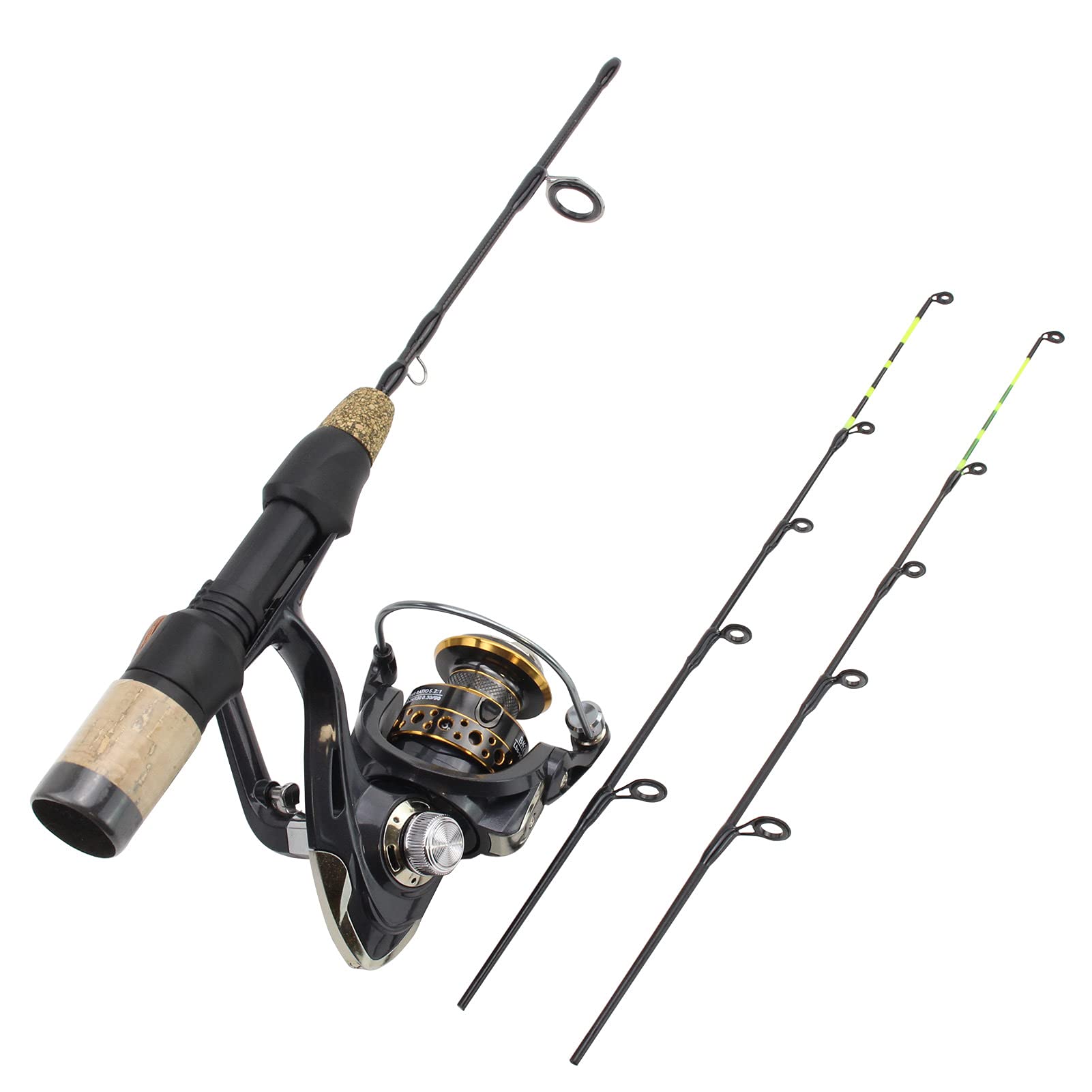 Canne à pêche sur Glace, Canne à pêche en Hiver à Double Pointe en Fibre de Carbone avec Roue rotative, de pêche en Eau Douce et en Eau salée (Canne à pêche sur Glace avec Moulinet Rotatif)