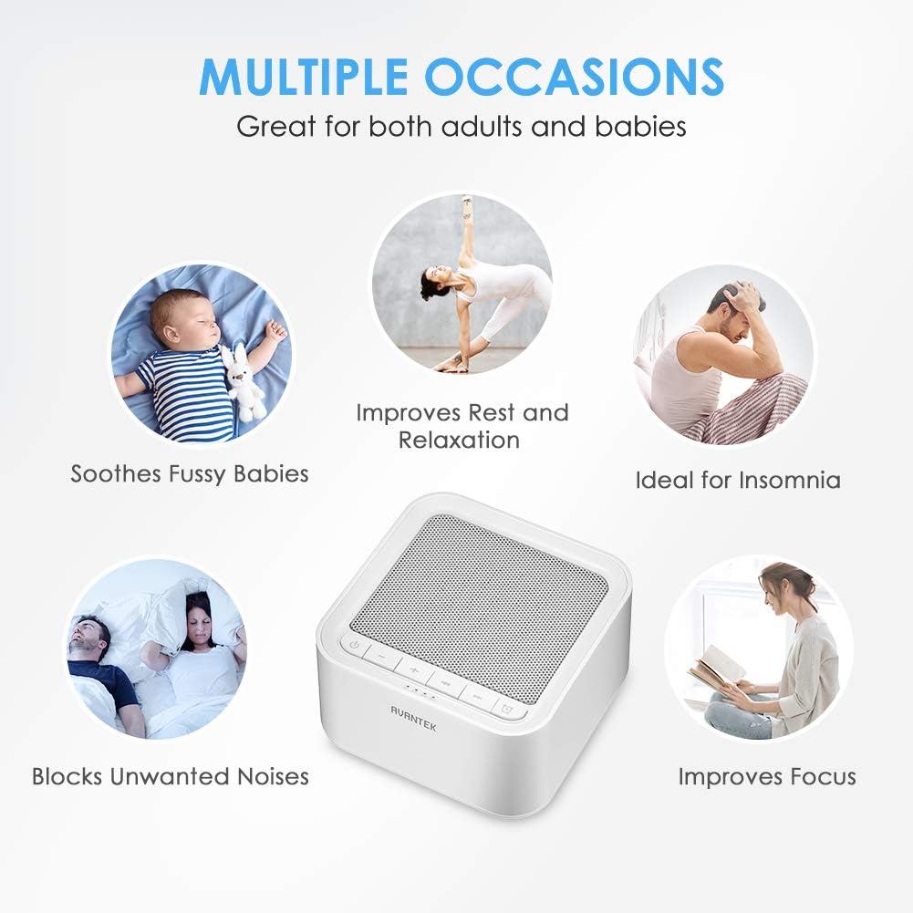 Close-up of the AVANTEK Sleep White Noise Machine's timer buttons and indicators, showing options for 1 to 7 hours.