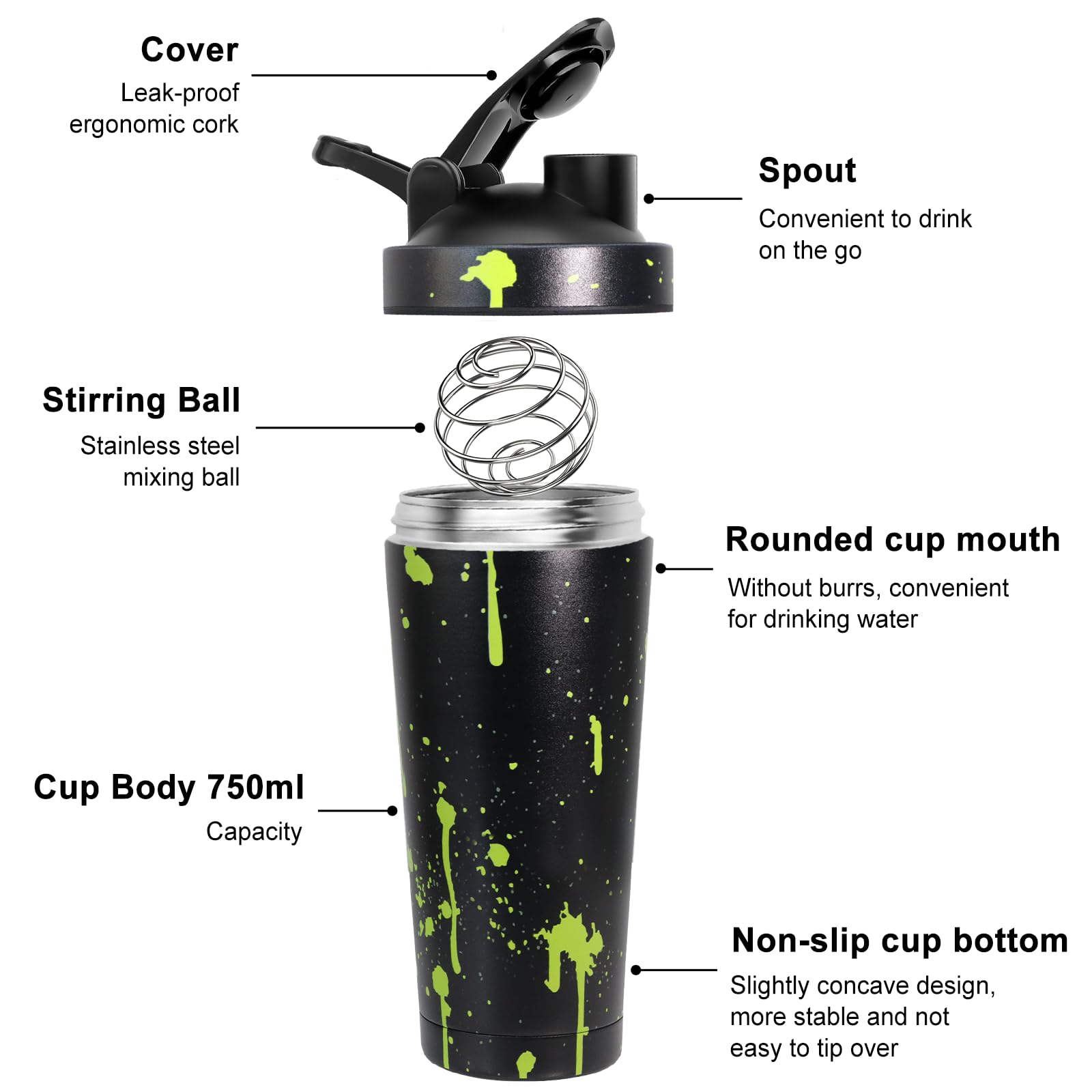 750ml Shaker Proteine, Shaker Proteine Inox, avec Boule en Spirale, sans BPA, étanche, Facile à Nettoyer, inoxydable Protéines Bottle de protéines, Bottle de protéines Conservation de la chaleu - Noir