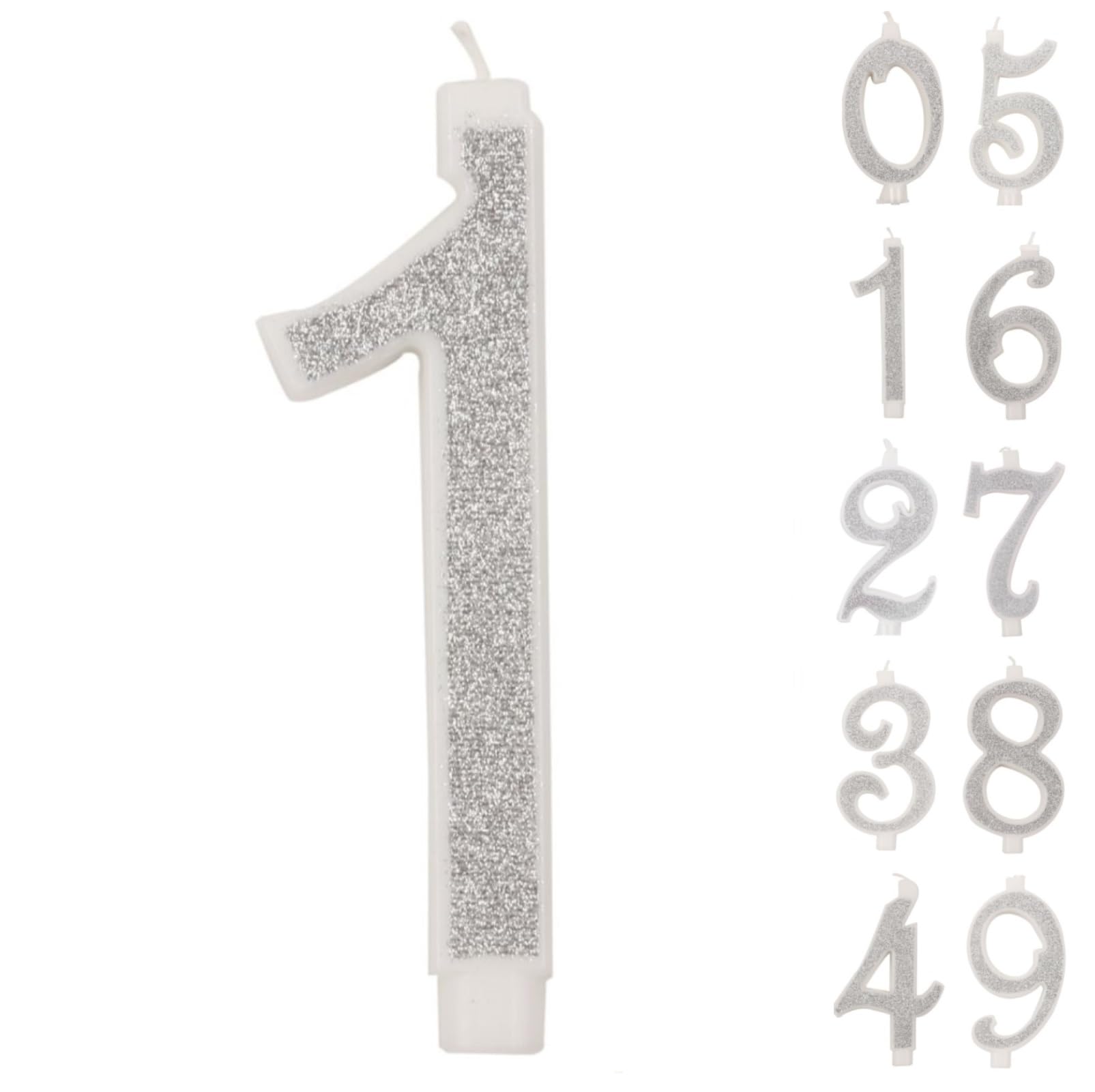 IDEGOS Vela grande de 10 cm, número 1,3D plata con purpurina, decoración de pastel de cumpleaños,Velas pastel de boda