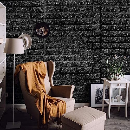 Image of STL Brick Wallpaper - Self Adhesive Pe Foam Brick Design 3D Wall Stickers /Diy Wallpaper For Home Hotel Living Room Bedroom & Cafe ( 70 X 77 Cm, Appx. 5.8Sq Feet) (Black)