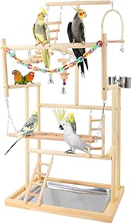 4 Layers Pet Parrot Playstand Bird Playground Bird Parrots Play Stand Wood Perch Gym Playpen Ladder with Feeder Cups for Cockatiel Parakeet Parrot