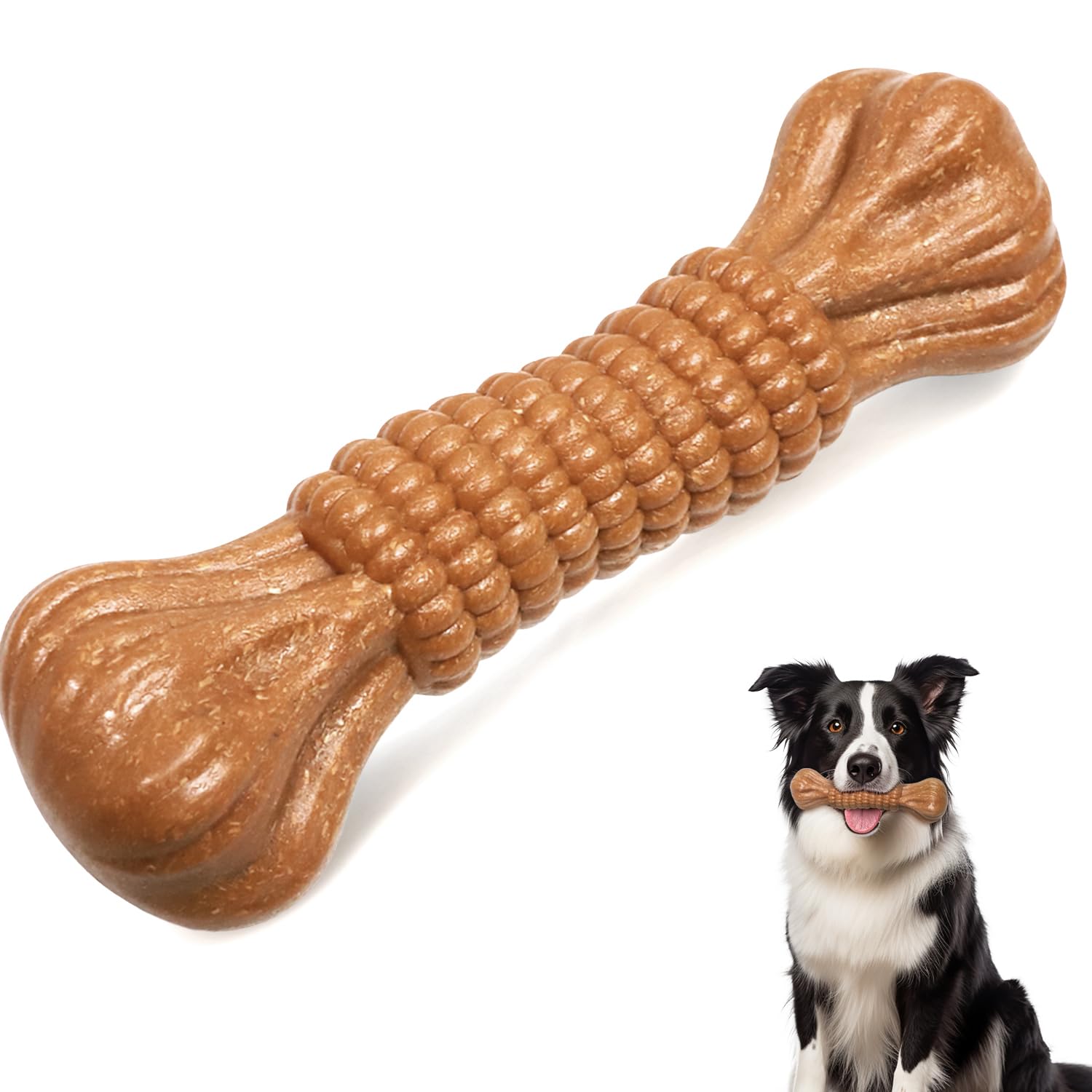Bestwist Large Dog Chew Toys, Indestructible 21cm Dog Bone with Chicken Flavour for Aggressive Chewers, Tough Dental Toy for Medium Large Dogs (Brown-Spiral Bone)