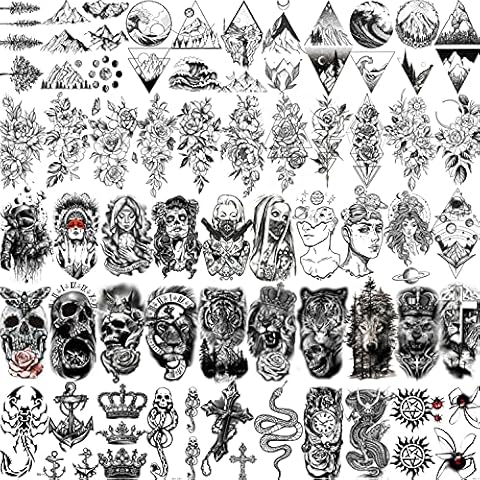 Shegazzi 52 Sheets Black Skull Temporary Tattoos For Men Women Arm Neck Tatoos, 3D Realistic Small Rose Flowers Fake Tattoos Temporary, Waterproof Mountain Snake Lion Tiger Temp Tattoo Sticker Adults Cover