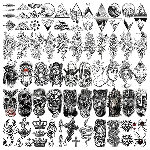 Shegazzi 52 Sheets Black Skull Temporary Tattoos For Men Women Arm Neck Tatoos, 3D Realistic Small Rose Flowers Fake Tattoos Temporary, Waterproof Mountain Snake Lion Tiger Temp Tattoo Sticker Adults