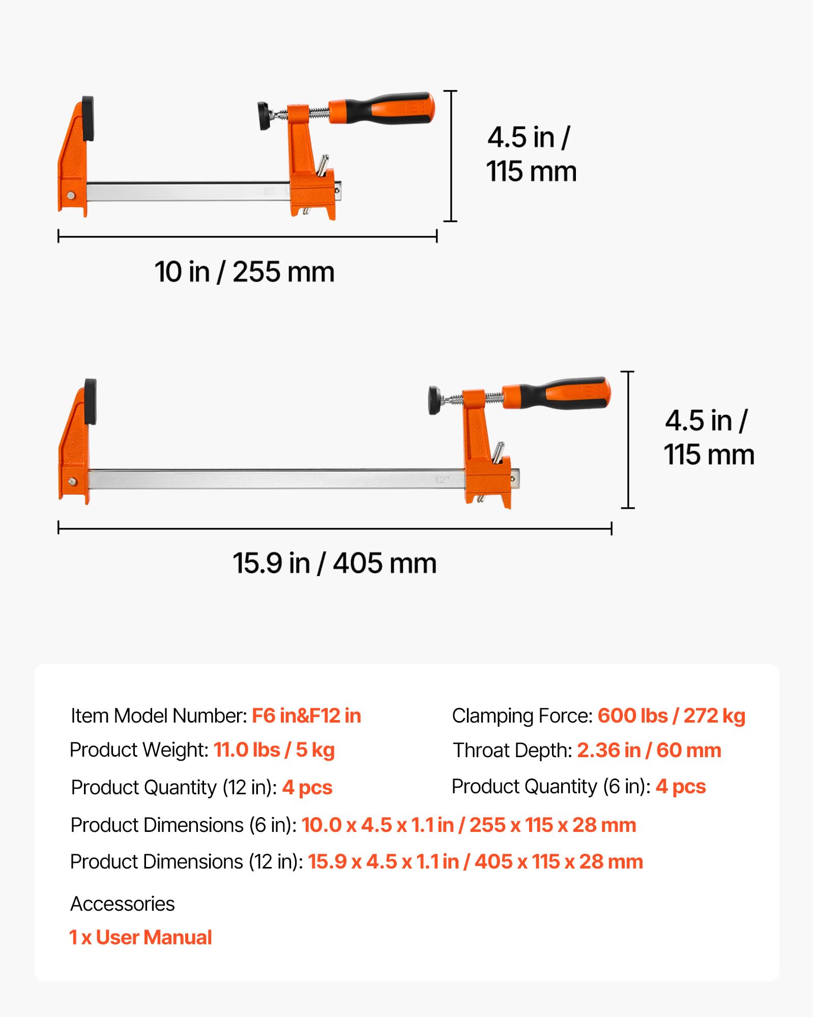 VEVOR Morsetti a Barra per Legno, Morsetti a F da 15,24 cm e 30,48 cm, Carico 272 kg, 8 Pezzi, con Cuscinetto in Plastica e Design Autobloccante, Ghisa Malleabile e Acciaio al Carbonio, per Fai Da Te