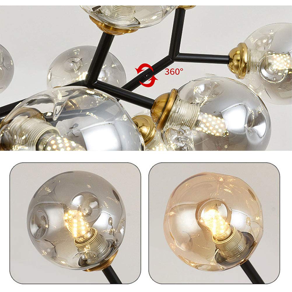 Metalowy żyrandol przemysłowy Sputnik z 15 światełkami, sferyczny szklany klosz, czarne wykończenie chromowane w stylu vintage, 10 główek, przydymiony szary, idealny do salonu.