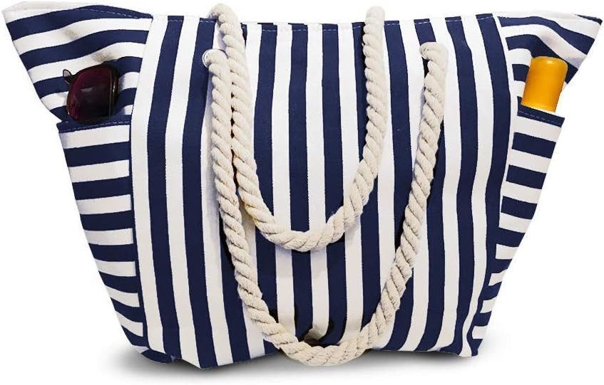 Beach Bag With Inner Zipper Pocket from Tote Bag with Top Zipper and Rope Handles (Large, White and Navy Blue)