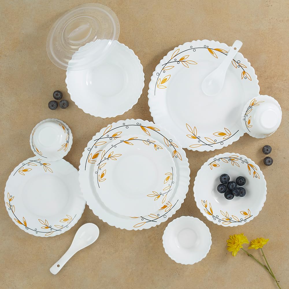 Bella Silk Series Opalware Dinner Set | 35 Pieces for Family of 6 | Microwave & Dishwasher Safe | Bone-Ash Free | Crockery Set for Dining & Gifting | Plates & Bowls | White