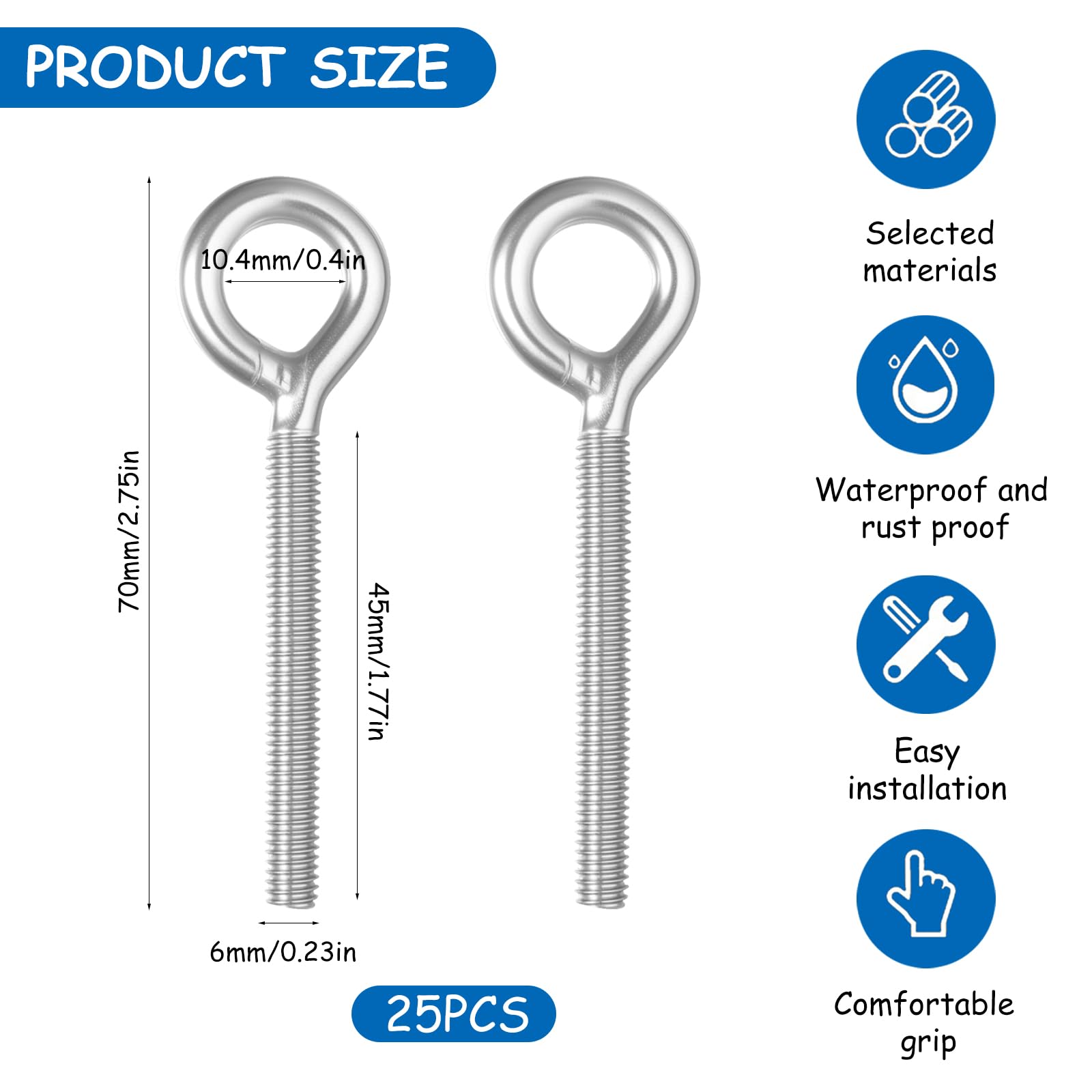 25 Pcs M6 x 80mm Lifting Long Eye Bolts, Stainless Steel Lifting Eye Bolts - Image 2