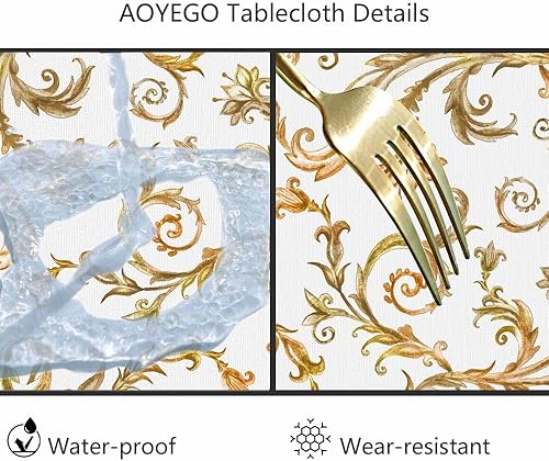 Miniatura 6 de AOYEGO Mantel redondo de encaje vintage dorado de 60 pulgadas, ramas florales, hojas, medieval, estilo real, acuarela viva, mantel de poliéster para
