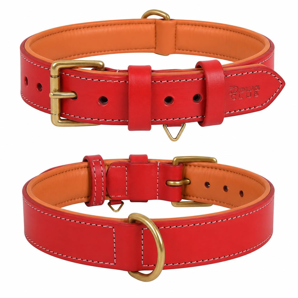 DowgClub Genuine Leather Dog Collar, Red, Small, Brass Buckle, Padded