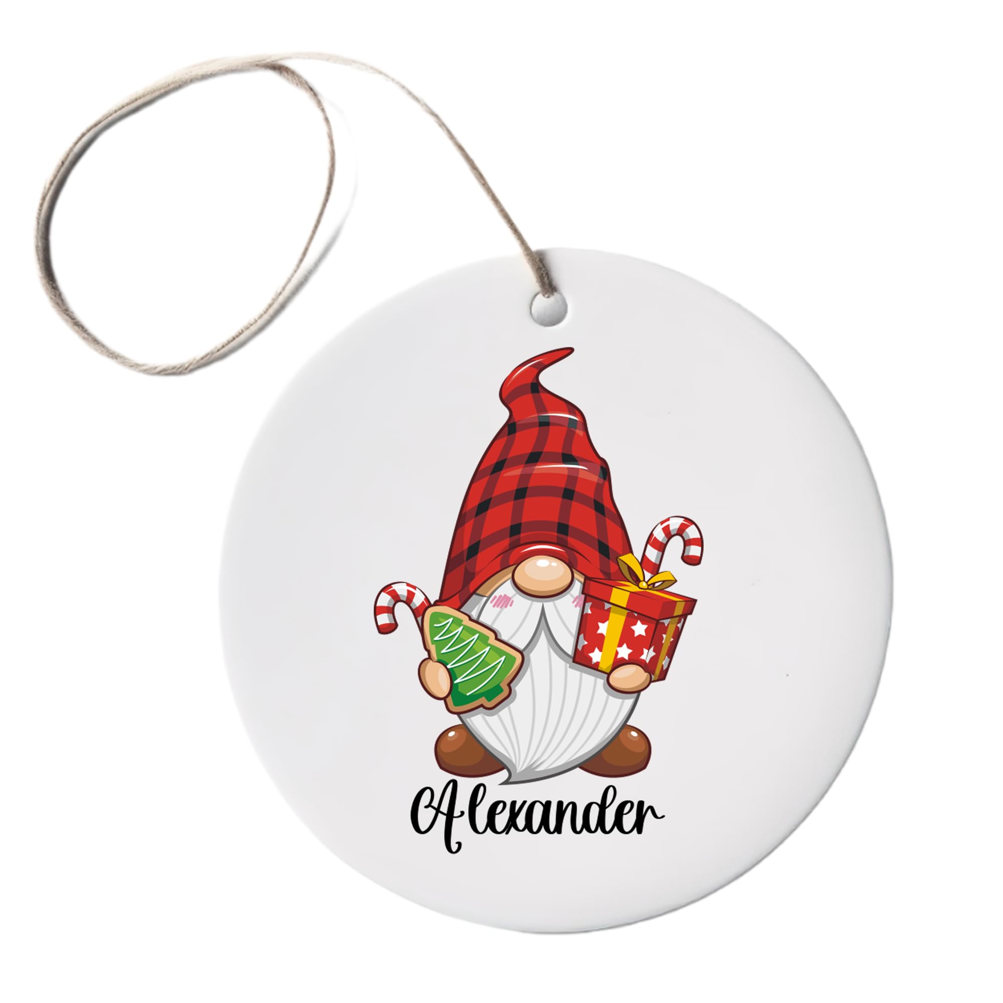 Personalised Christmas Ornament | 7.3cm x 7.3cm Circle Ceramic Gloss White Finish Xmas Ornament | Design Printed on Both Sides | Personalised with any Name (Male Gonk Ornament Design 3)