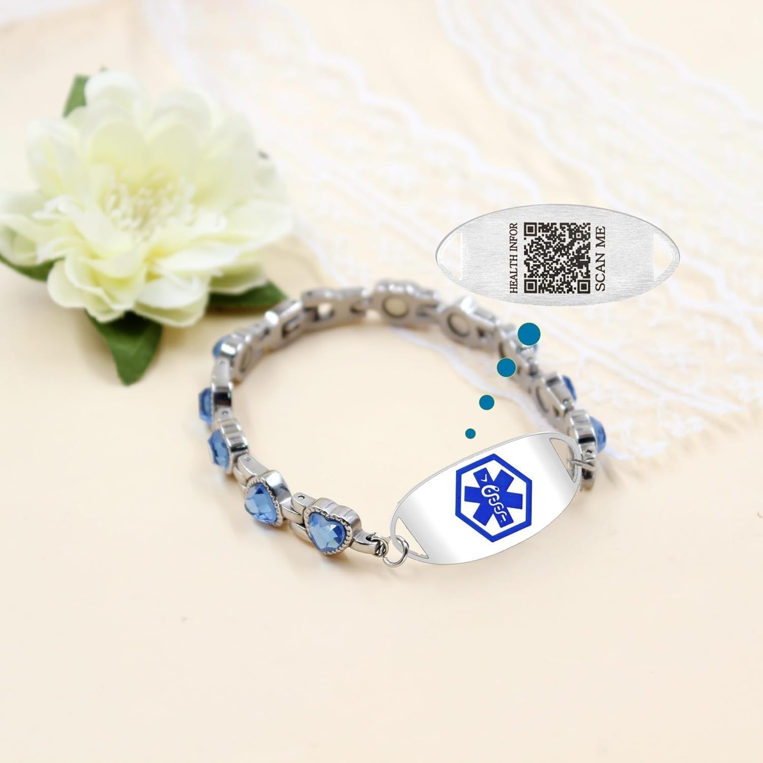 Dynamic QR Code Medical Alert Bracelet for Women, Heart-Shaped Zircon Chain Titanium Steel Jewelry, Editable Medical ID Bracelet, Scan to Update Medical Information Anytime, No Engraving Required