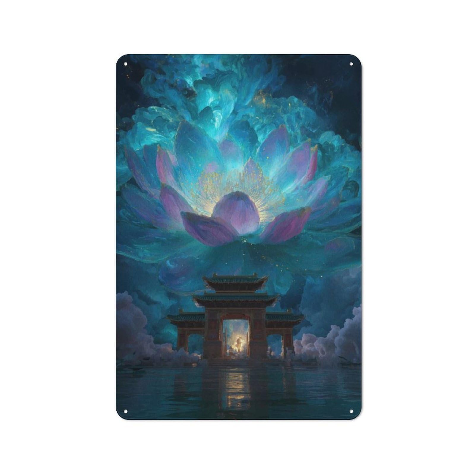 Junmoney Lotus Gate Fantasy Landscape Tin Wall Plaque 30X20cm With For Kitchen Or Home Bar, Suited To Kitchen Decor Lovers