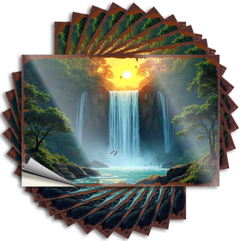 Fzfn Men's Colour Sunset Serenity: A Waterfall's Majestic Glow Bumper Decor | Retro Hard Removable Decal Pack(12X18cm)