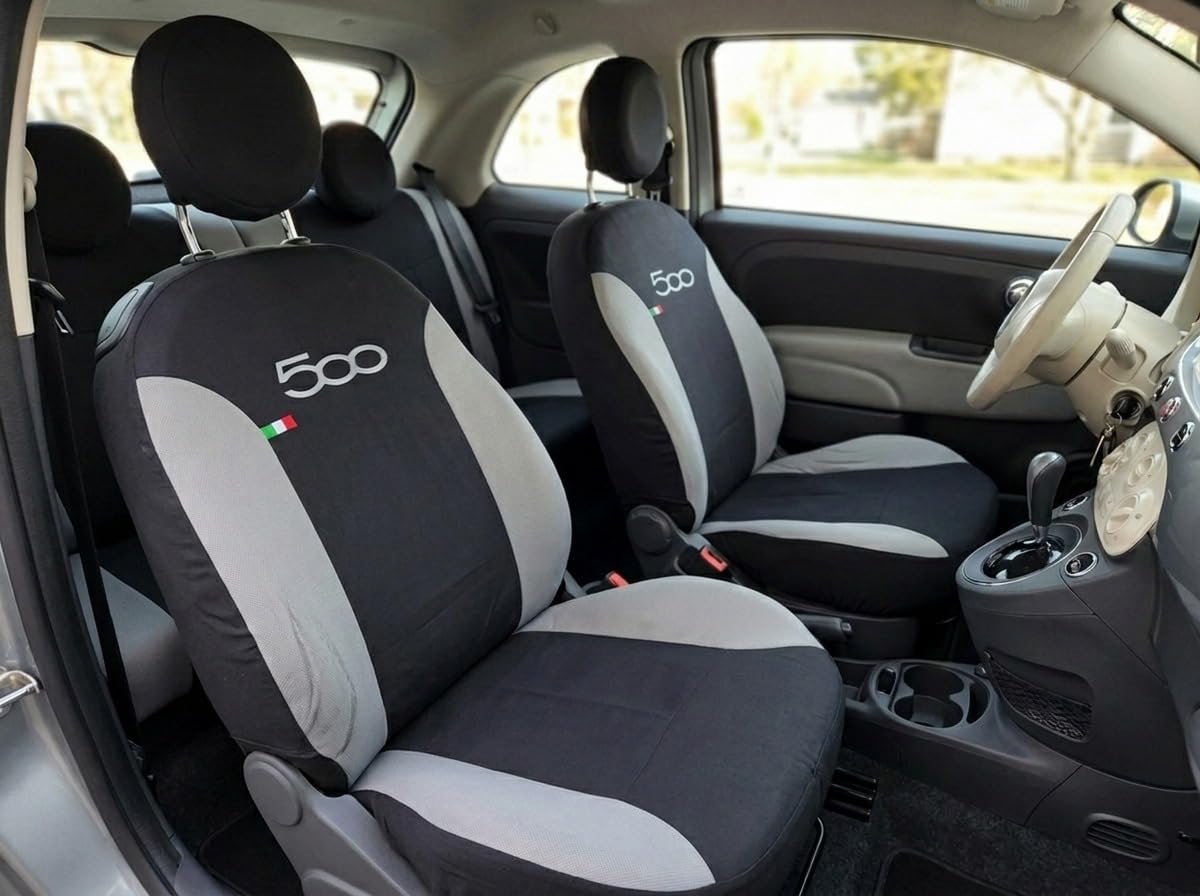 Susy Shop Coprisedili Anteriori compatibili con Fiat 500, Set 2 Pezzi con Logo Ricamato, Design Elegante, Made in Italy (Nero/Grigio Chiaro)