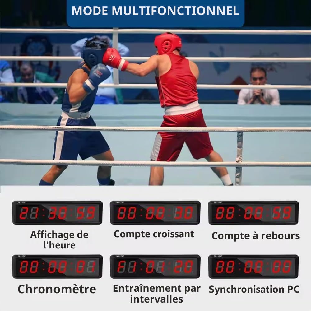 Minuterie de compétition à 2.3 Pouces avec Bouton chronomètre, Affichage Numérique 6 Chiffres, Luminosité Réglable,Visible à 12m,INCL. Trépied et Support Mural Portable Cuisine/Salles d'examen(USB)