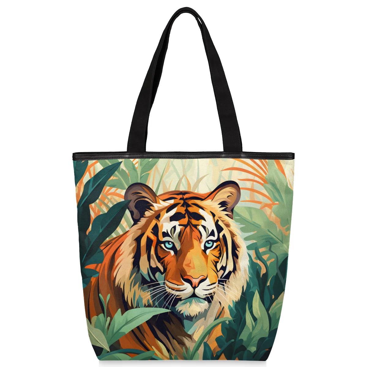 Mularoka Tropical Leaf Tiger Watercolour Canvas Tote Bag with Zipper and Pockets Canvas Tote Shopping Bag Women Reusable Grocery Bag for Beach Travel Gym Shopping