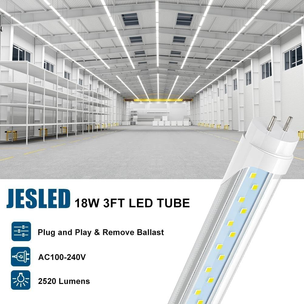 JESLED T8 LED Tube Light 3FT, 2520LM, 18W(45W Equivalent), 6000K, Ballast Bypass, 36 Inch F25T8 Fluorescent Bulb Replacement, Dual Ended, 36” Lighting Tube Fixture (4-Pack)