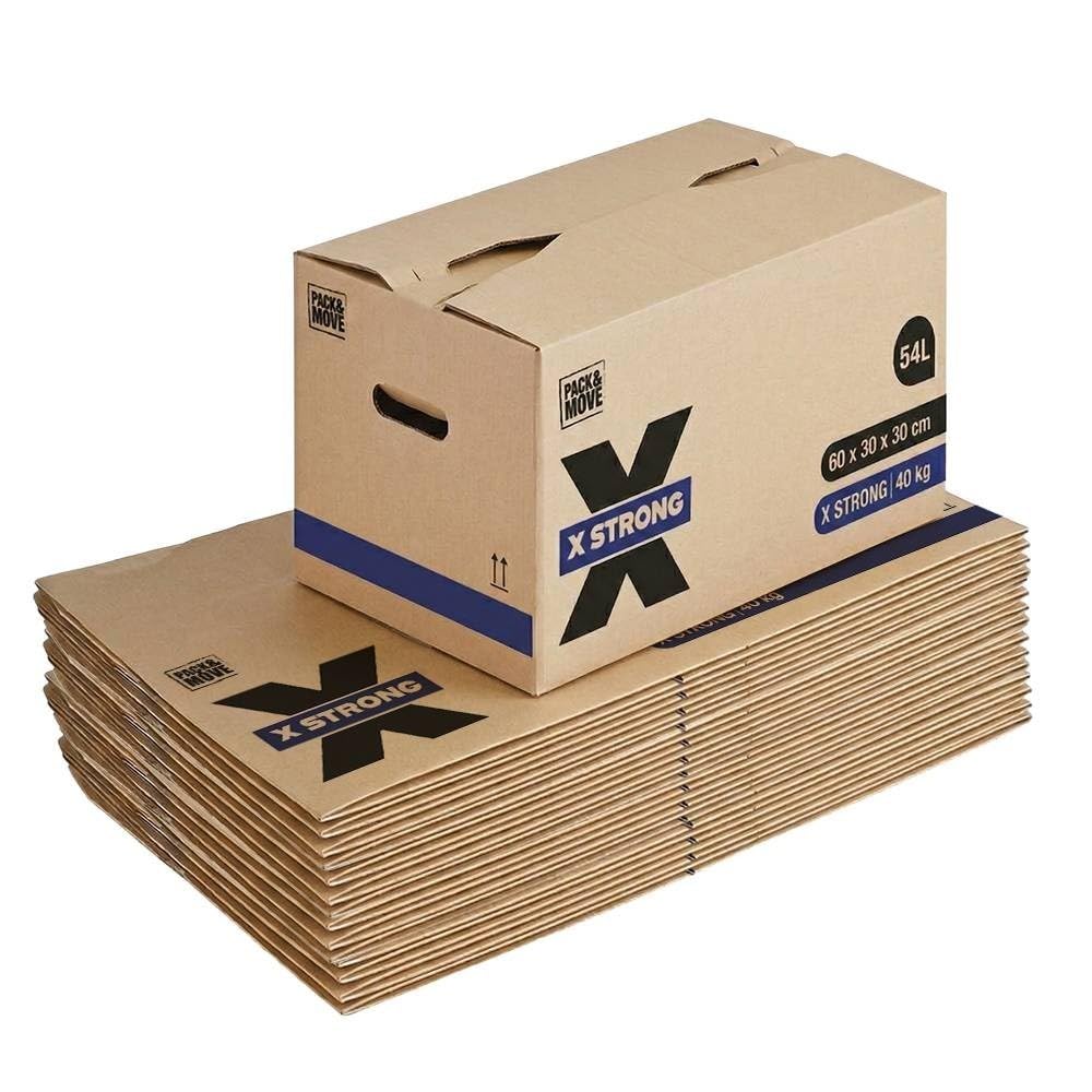 Pack and Move - Zestaw 20 kartonów do przeprowadzki X Strong - 60 x 30 x 30 cm - Obciążenie 40 kg - Ekstremalna wytrzymałość - Duża pojemność
