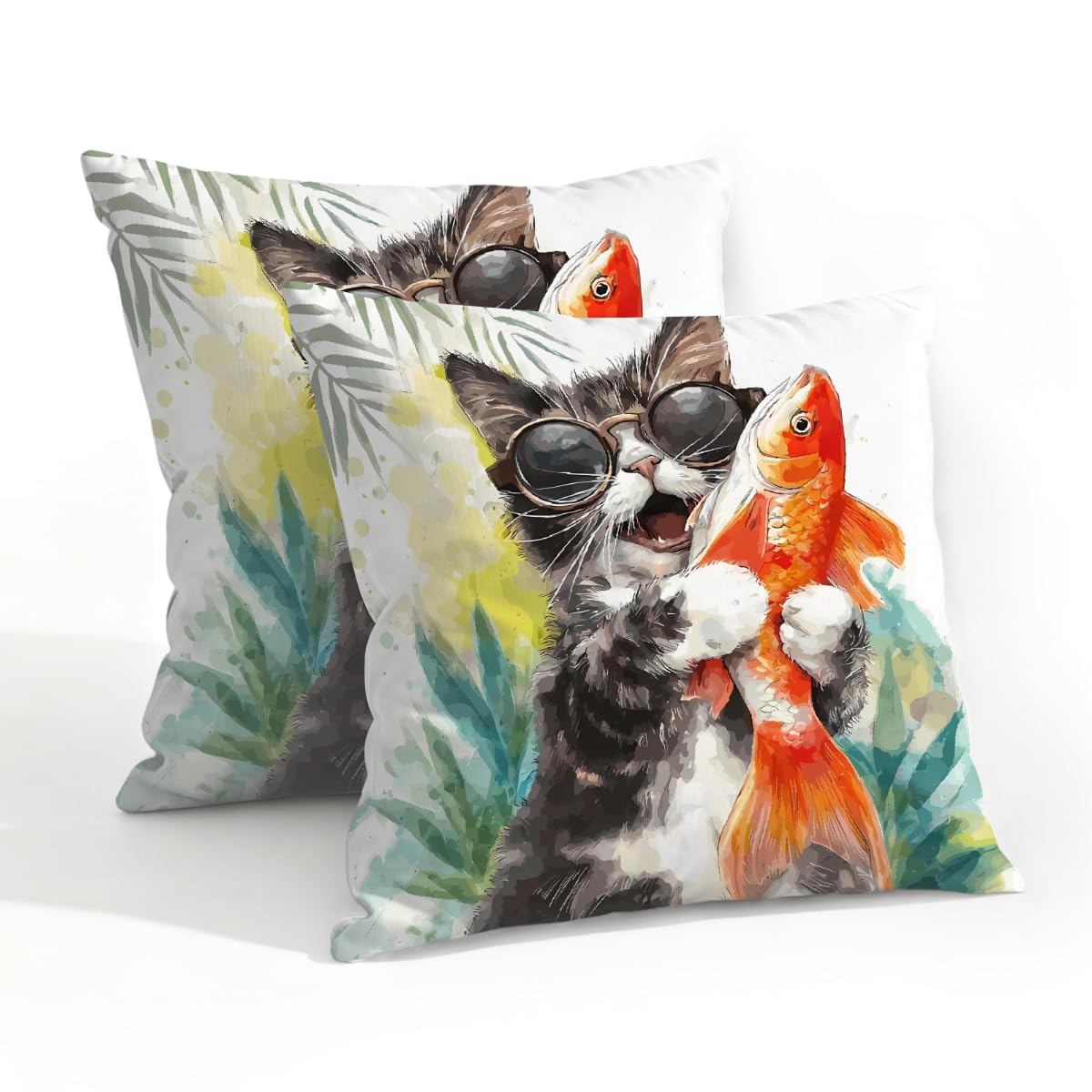 Outdoor Pillow Covers Waterproof Pillowcases 20x20in Set of 2 Funny Cat Holding Fish Art Decorative Throw Cushion Case for Couch Sofa Garden Patio Furniture