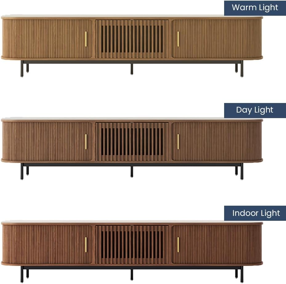 POVISON Sliding Tambour Door TV Stand, Mid Century Modern Sintered Stone TV Console, Wood Media Console for 85 Inch TV, Entertainment Center with Storage Cabinet, Fully-Assembled (Walnut, 94.49") 94.49" Walnut With Sintered Stone