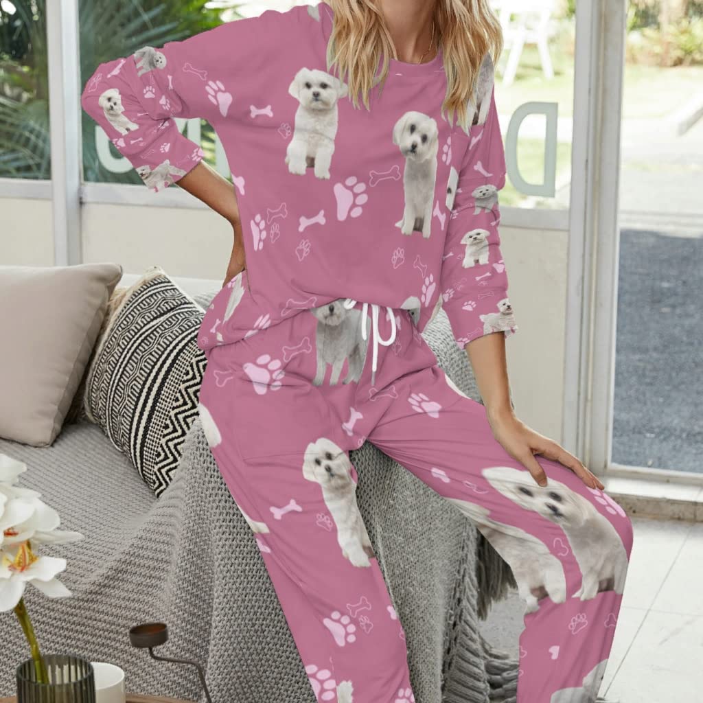 Conjunto de pijama para mujer, traje de jogging, traje de casa Bichon Frise, color rosa, ropa de dormir para mujer, pijama de manga larga, 2 piezas, trajes deportivos, suéteres y pantalones,