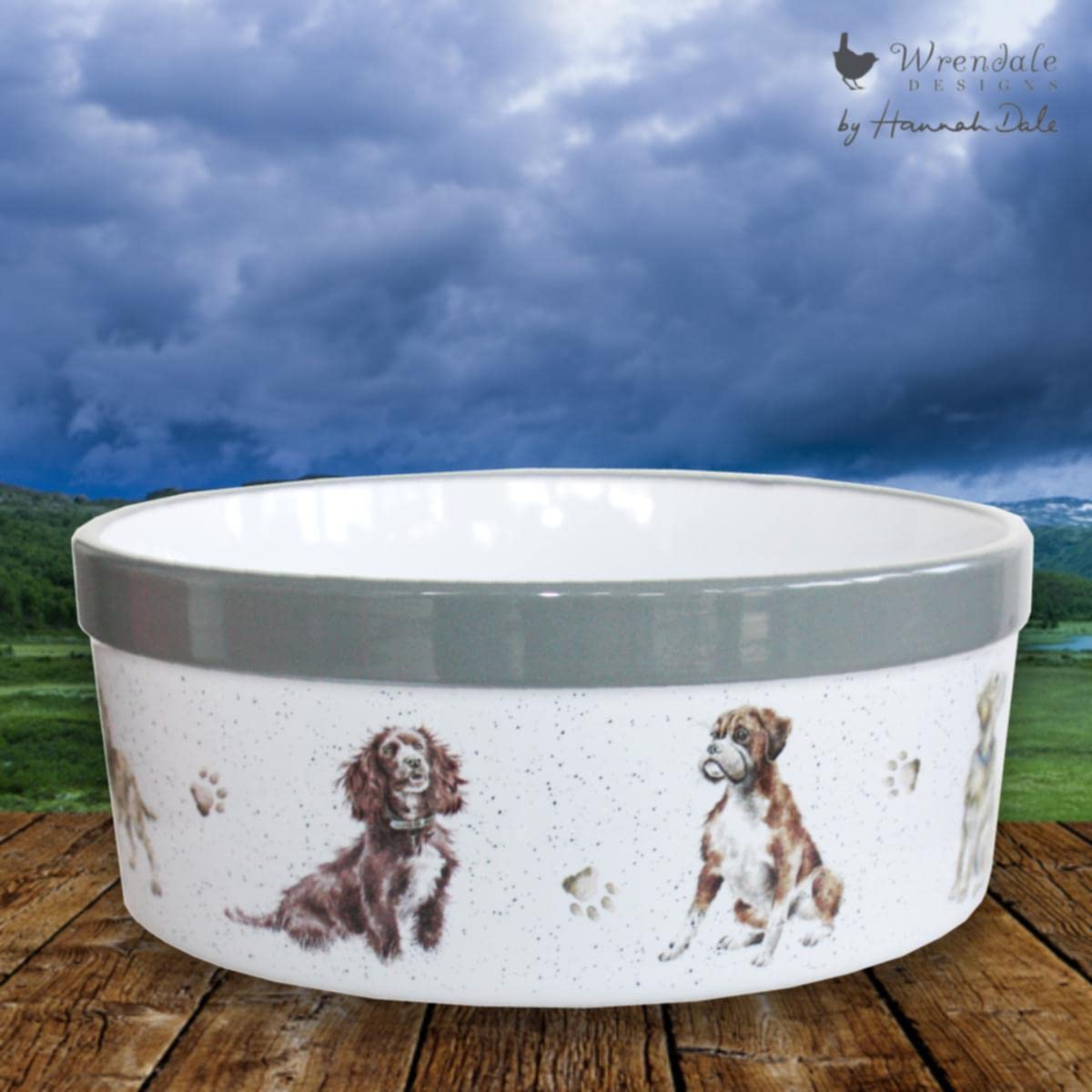 Wrendale Designs Steingut Hundenapf ca. 20,5cm D 1800ml Royal Worcester Schüssel mit Rasse-Hunde Portraits von der britischen Künstlerin Hannah Dale fürs Füttern & als Geschenk