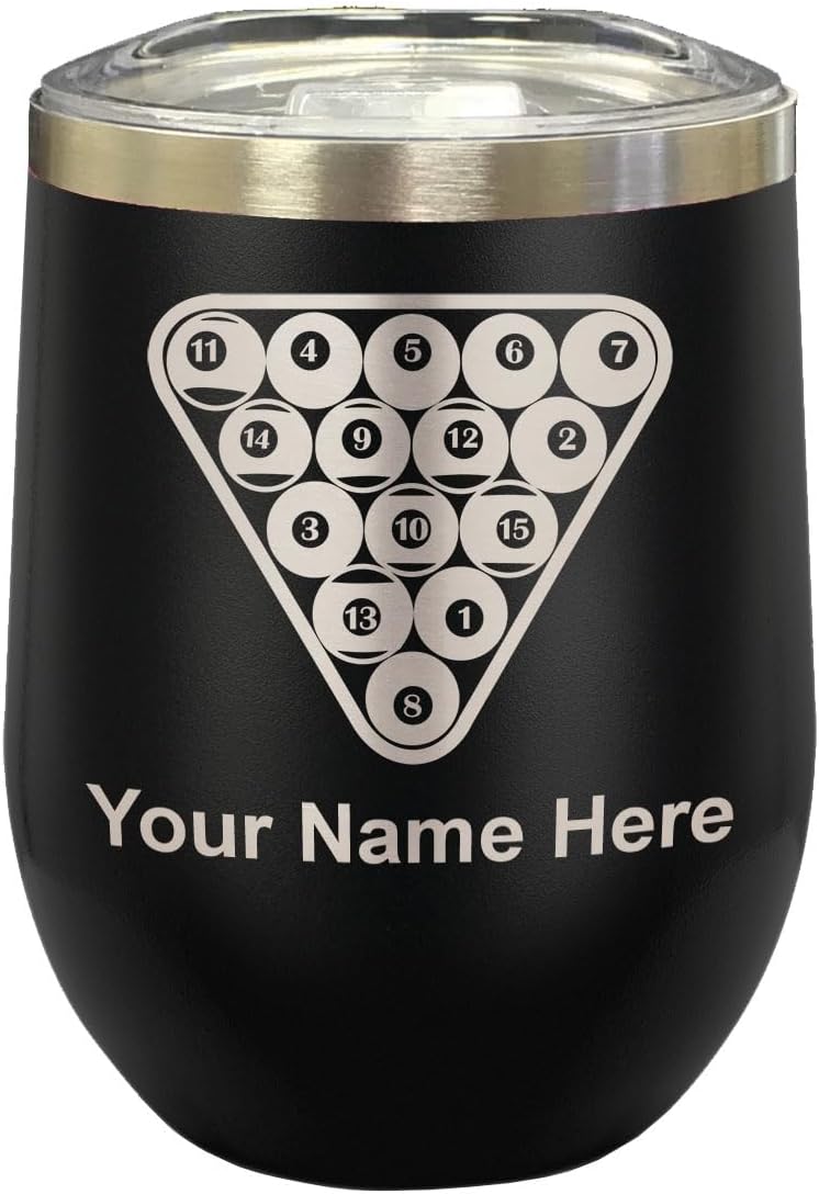 LaserGram 16oz Double Wall Stainless Steel Wine Glass Tumbler, Billiard Balls, Personalized Engraving Included (Black)