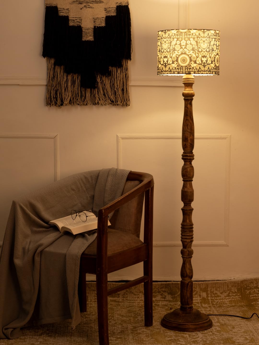 Green Girgit Wooden Brown Floor Lamp with Indian Art Multicolor Lamp Shade Rustic Wooden Floor Lamp with Decorative Pattern Shade, Carved Standing Base, Living Room Lighting (LED Bulb Included)-image-33
