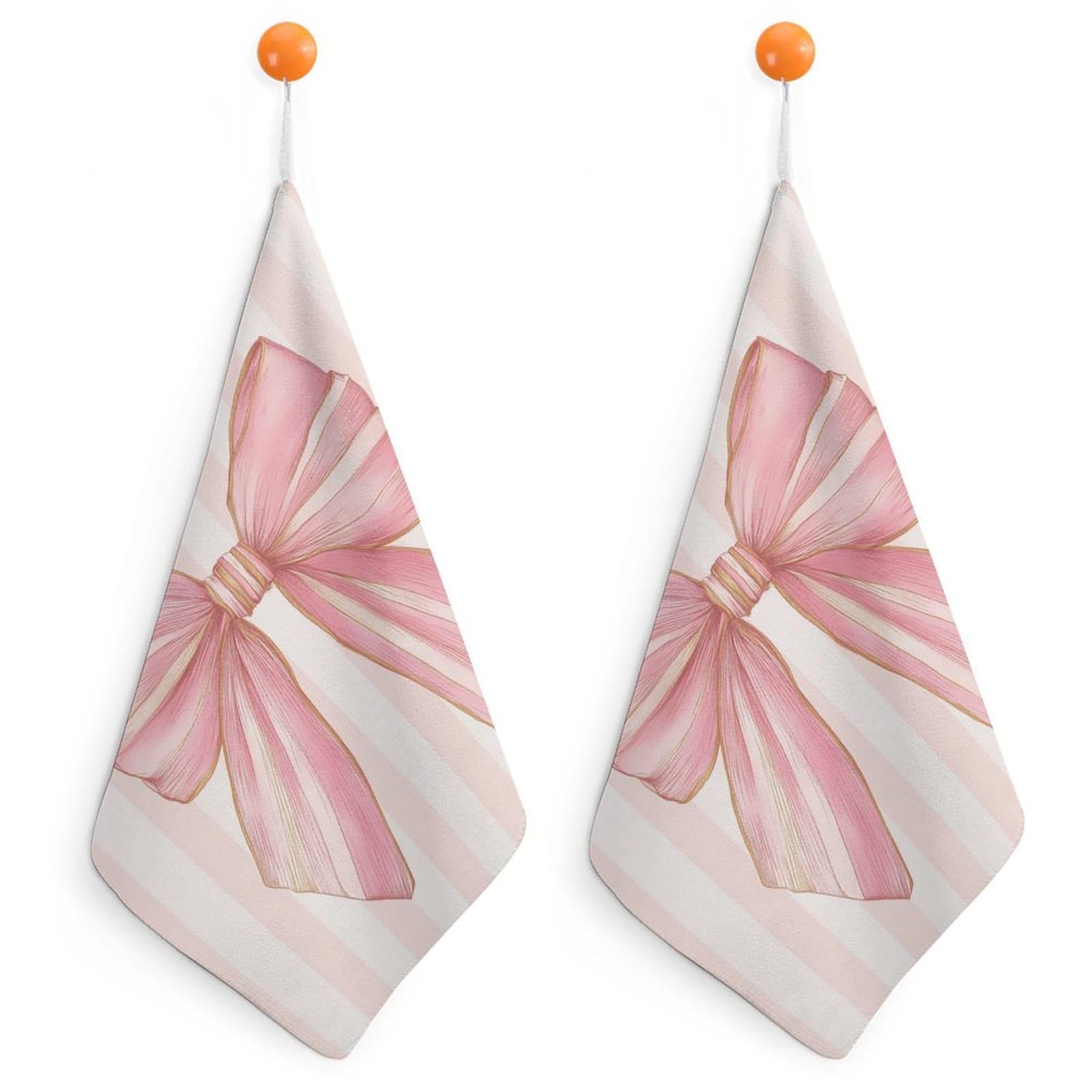 Jubonexis Preppy Coquette Pink Bow on Vertical Stripes Small Hand Towel with Hanging Loop 2 PCS Absorbent Soft Wash Cloth for Kitchen Bathroom