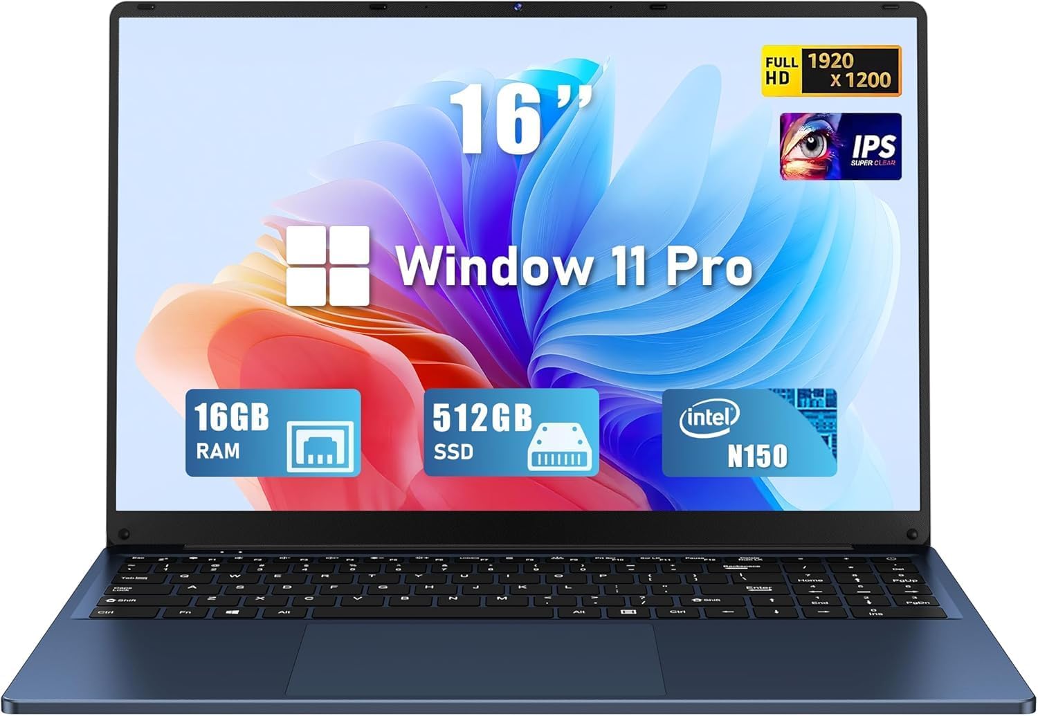 Laptop Computer, Gaming Laptops 2025, 16 Inch Lap Top PC Win 11 Pro, 16GB RAM 512GB SSD, N150 Processor(up to 3.6GHz), Backlit Keyboard, FHD 1920 * 1200, Fingerprint Unlock