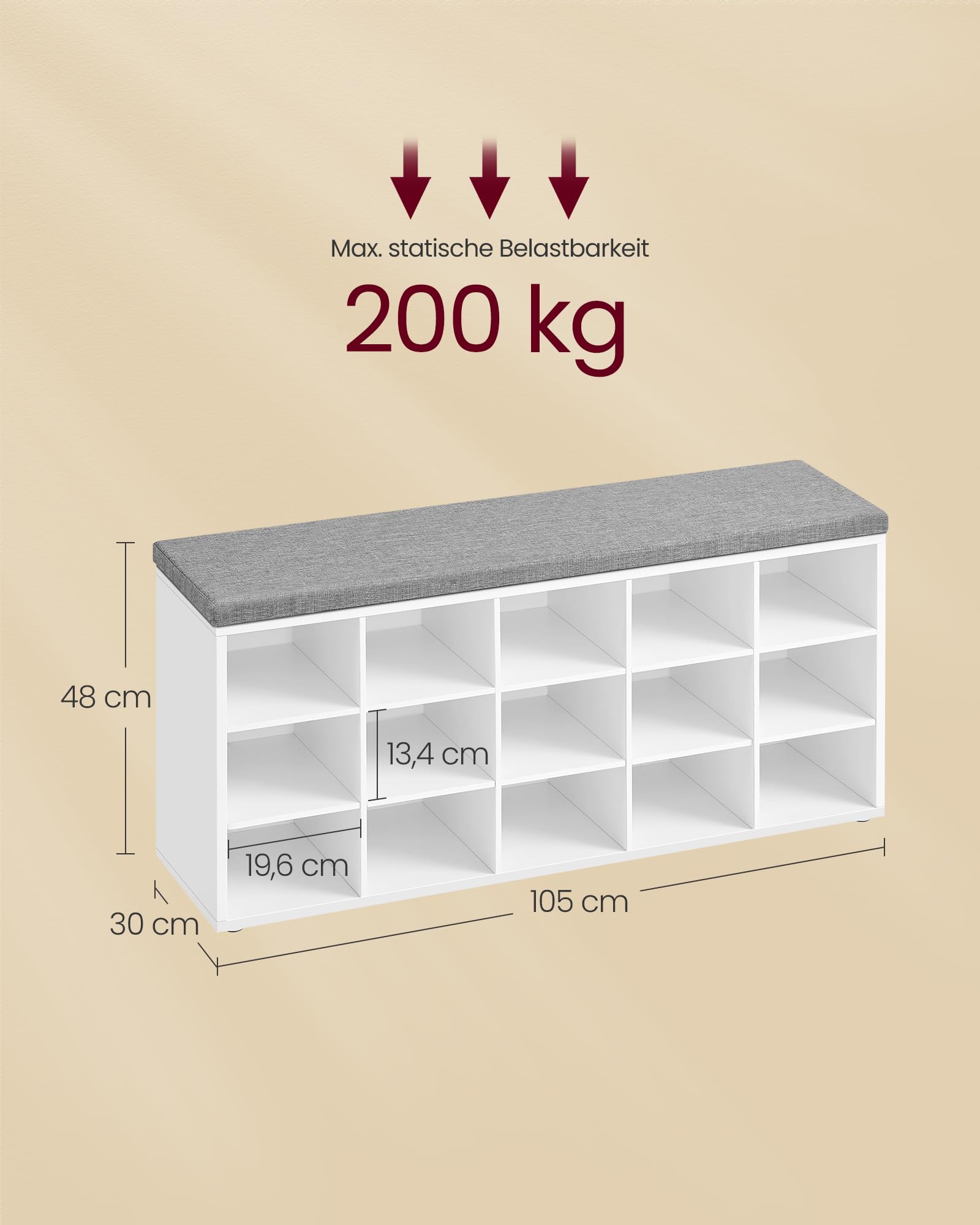 VASAGLE Custos Kollektion - Schuhbank, Schuhregal mit Sitzfläche, Sitzbank mit Stauraum, Kissen, 15 Fächer, für Wohnzimmer, Flur, 30 x 105 x 48 cm, wolkenweiß-Taubengrau LHS15WT