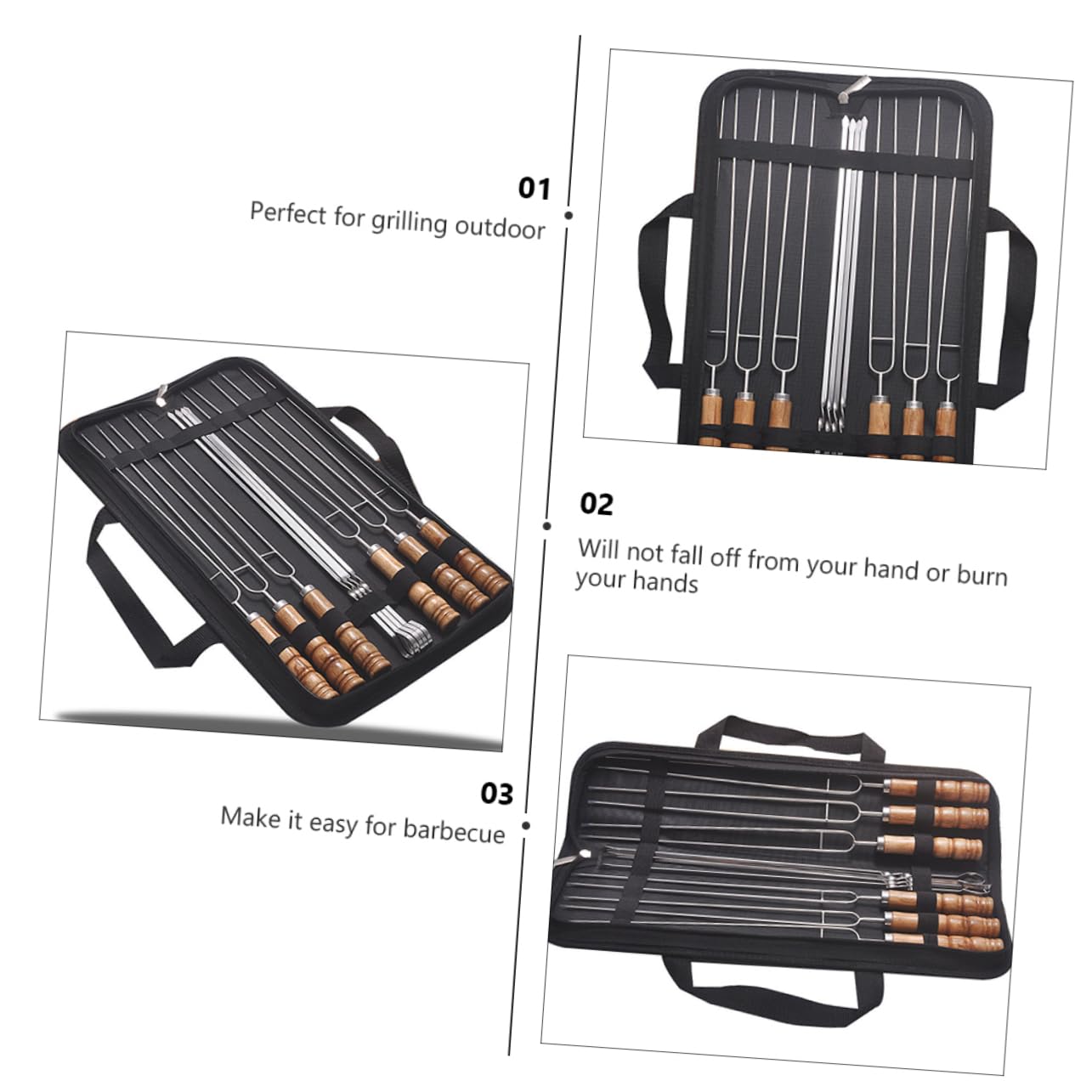 Brochetas de Acero Inoxidable 10 Piezas con Mango de Madera | Bolsa de Almacenamiento Incluida, Acabado Negro, Aptas para Cena Familiar y Uso al Aire Libre