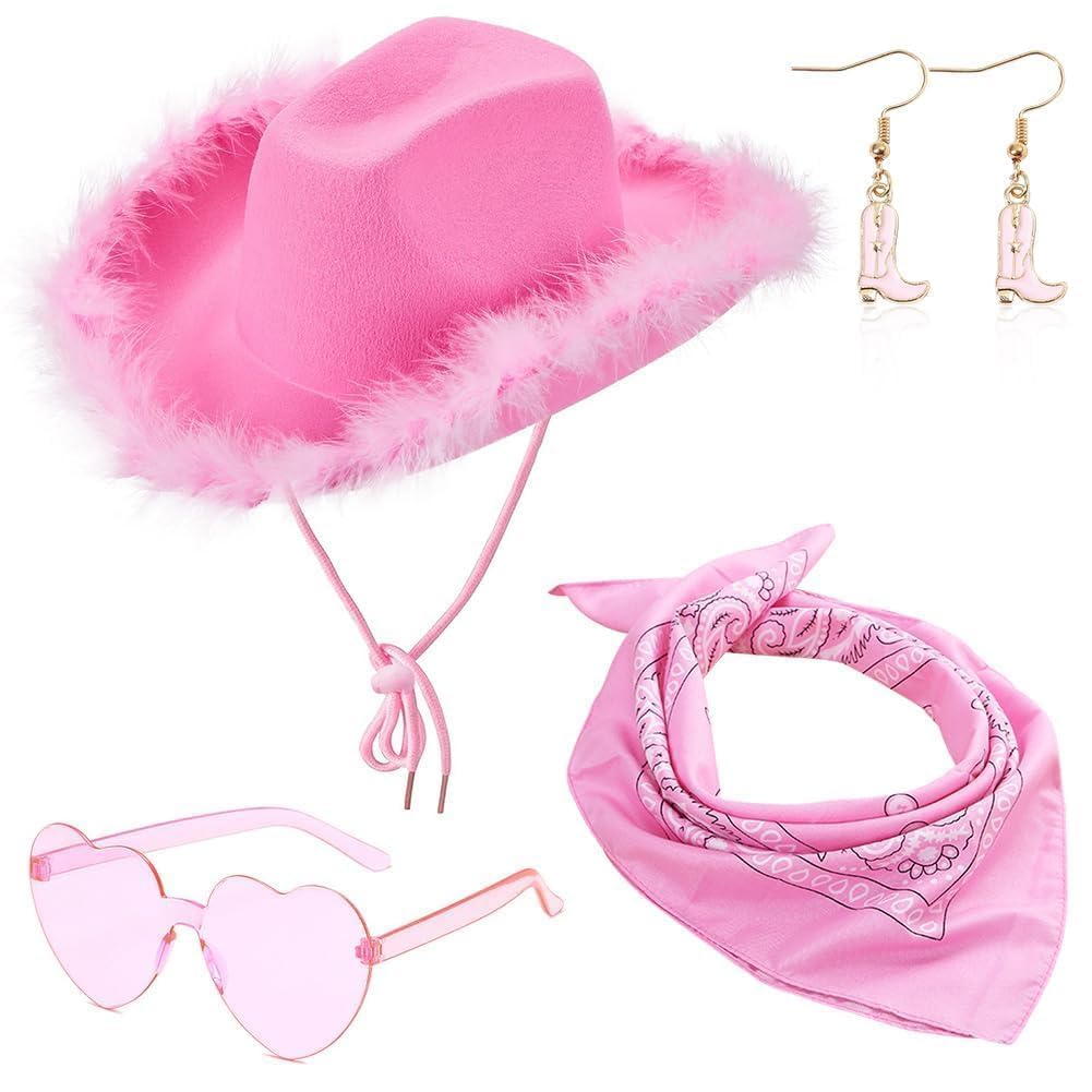 FCXVXCL Cowgirl Hat Cowboy Hats for Women Fluffy Feather Brim Cowboy Hat Heart-Shaped Sunglasses, Bandana pink for Holiday,Costume Party,Play Dress Up,Halloween Cosplay 3Pcs