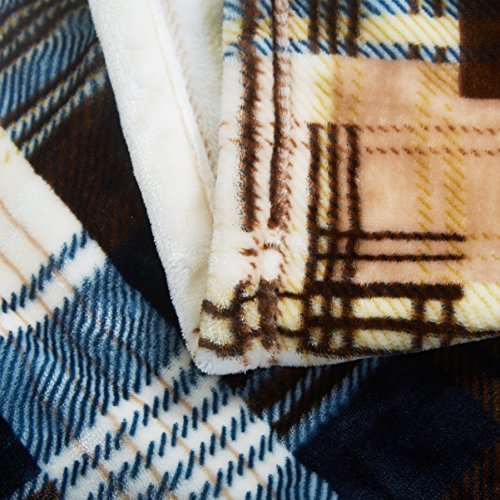 Tache Winter Cabin Blue Tan Farmhouse Super Soft Micro Fleece Tartan Plaid Plush Lightweight Dual-Sided Decorative Couch, Sofa, Travel, Lap, Bed Throw Blanket, 90X90, Full/Queen Size #TOP3