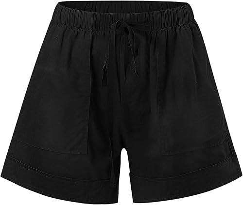 Miniatura 3 de GTMZXW Pantalones cortos de verano para mujer, lisos, ligeros, informales, con cordón, cintura elástica, pantalones cortos de algodón con bolsillos