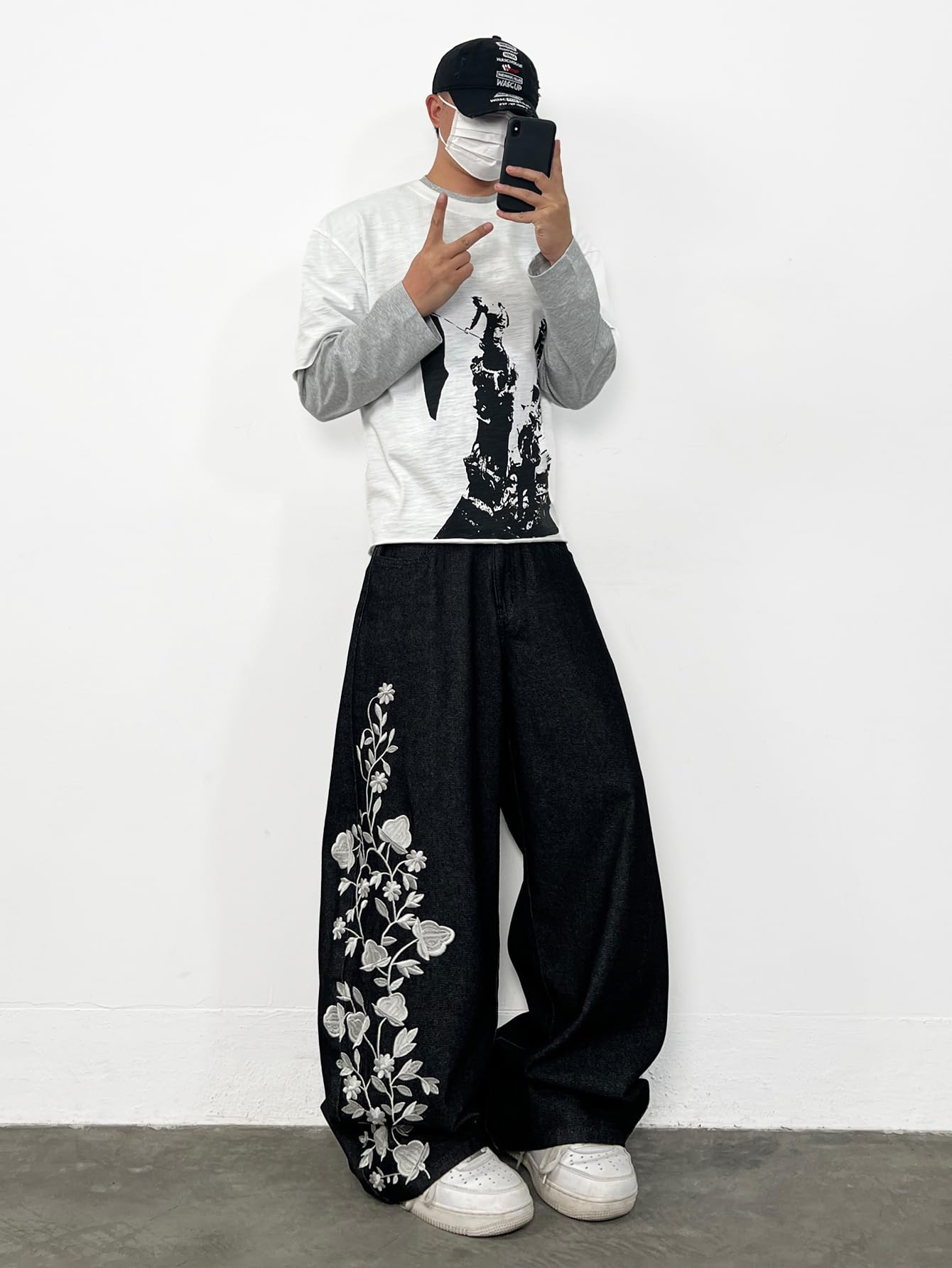 Jeans larghi da uomo con ricamo floreale, stile hip-hop, pantaloni in denim a gamba larga, streetwear