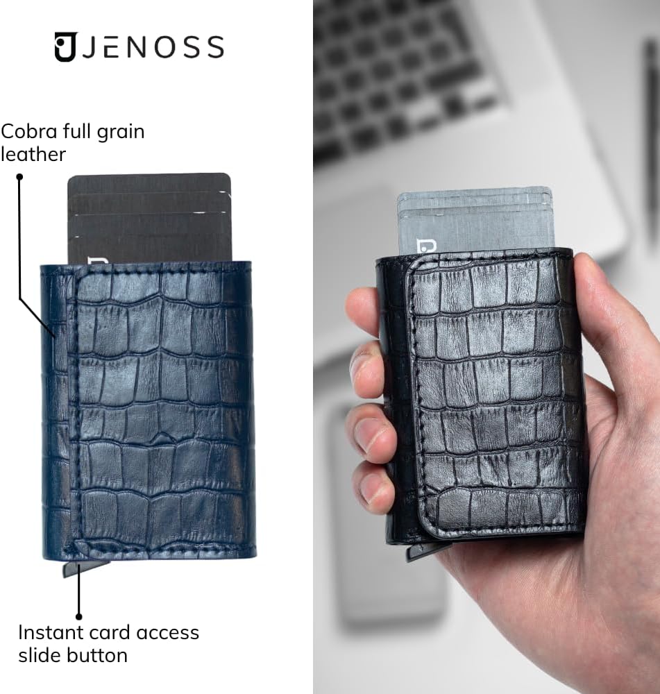 Jenoss Smart Wallet For Men: Full Grain Leather, Handcrafted, Slide Metal Pop Up Case, Slim RFID Blocking Credit Card Holder, Minimalist, Compact, 6-8 Cards Organizers, Front Pocket, Money Clip (Navy) image 2